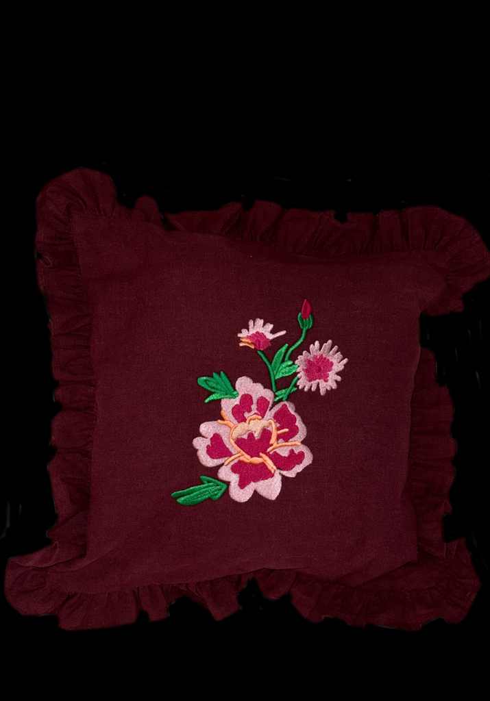 CUSTOM EMBROIDERED LINEN FRILLED LOTUS FLOWER CUSHION<strong> 2023</strong>